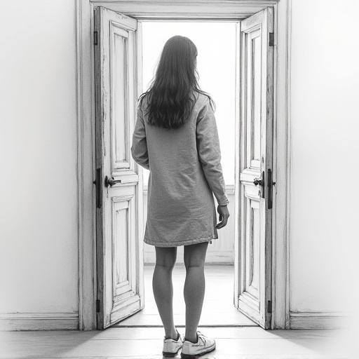 Detailed hyper-realistic pencil sketch of a teacher looking at her classroom. The setting features a classroom doorway and students being observed. The angle is from behind the teacher in a medium shot with smooth blended shading.