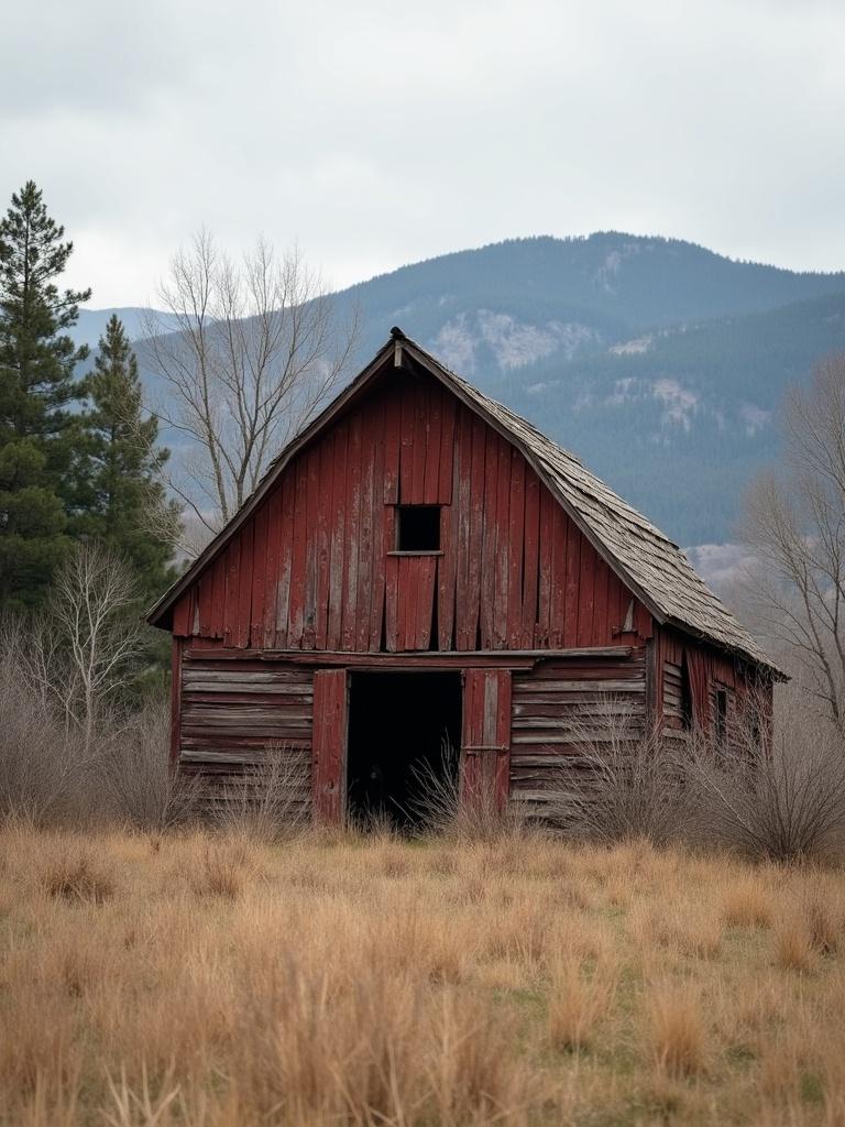 Abandoned old barn with weathered ruddy planks. Scene features scraggly willows and pine trees in a field. Gray sky with foothills in the background.