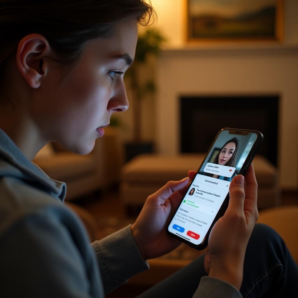 A young woman faces her smartphone. She's removing someone from a group chat. The screen displays a video call. Soft ambient light surrounds her. Appears focused and engaged.