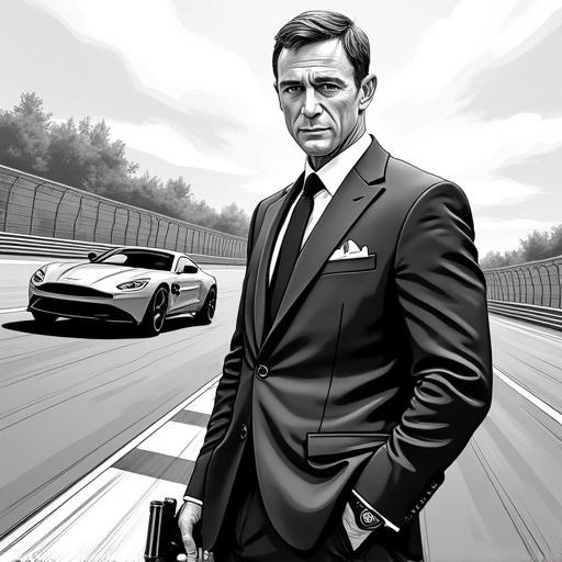 Comic book style illustration of a character posing with a gun on a racing circuit. An Aston Martin approaches in the background. Character is dressed in a suit. Bold black and white art style.