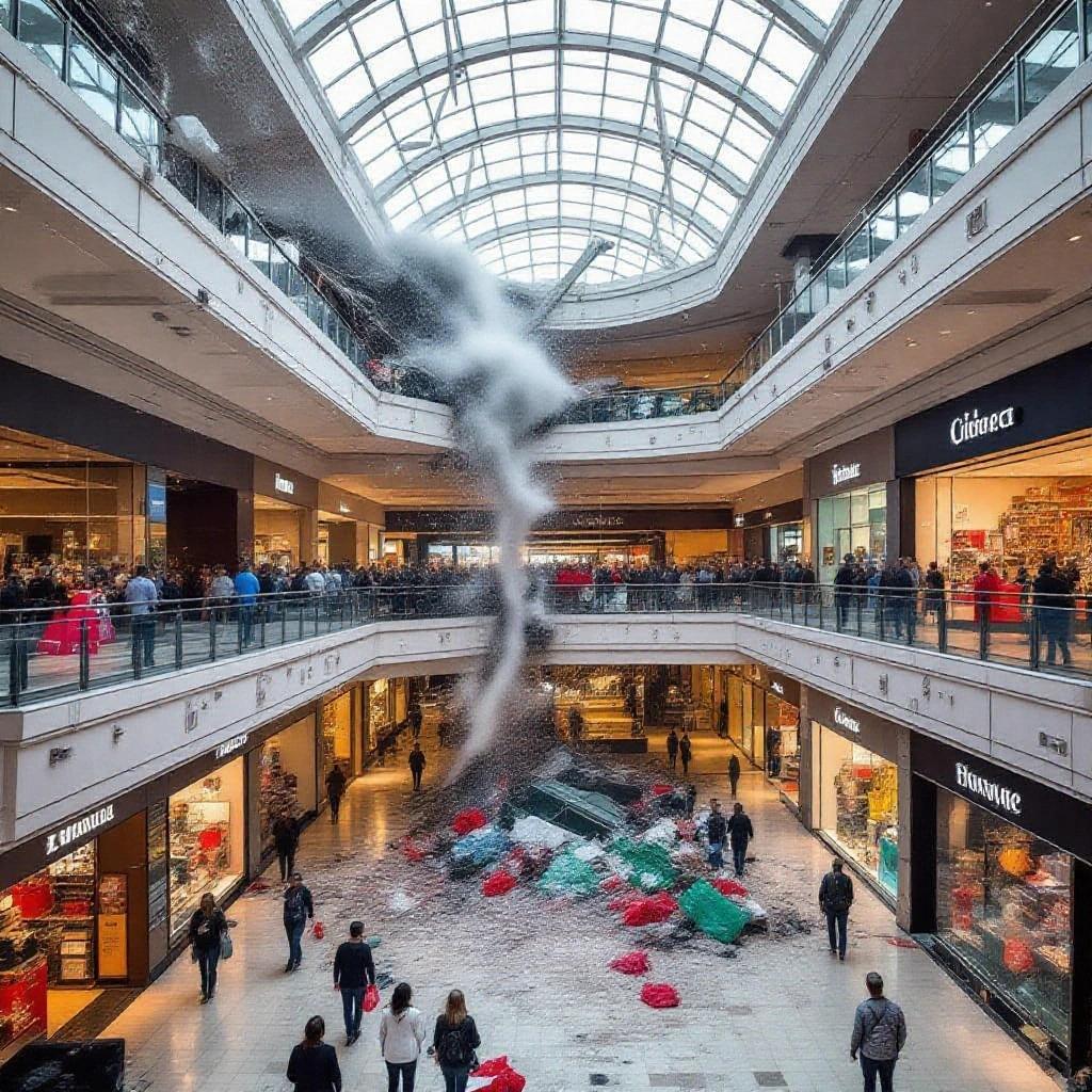 Tornado sweeping through a shopping mall. Water and debris scattered on the floor. Shoppers looking upward in surprise. High ceiling with glass architecture. Retail stores lining the interior.