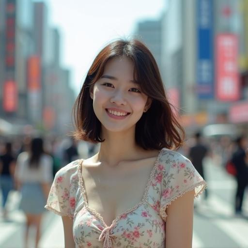 High resolution artistic close-up of a Japanese woman in Shibuya intersection. Woman wears a light floral dress. She smiles towards the camera. Capture the vibrant atmosphere.