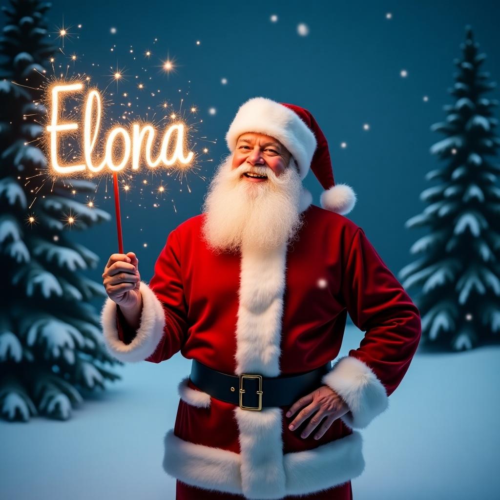 Santa Claus stands in snowy landscape. He holds a wand radiating sparkles forming name Elona. Classic red suit with white fur trim. Matching hat and joyful eyes. Background features evergreen trees and starry night sky. Festive magical ambiance.