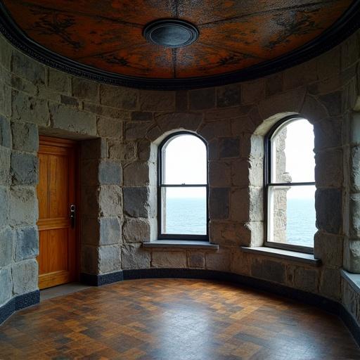 Inside lantern room of a lighthouse. Stone walls and wooden flooring. Large arched windows show view of sea.