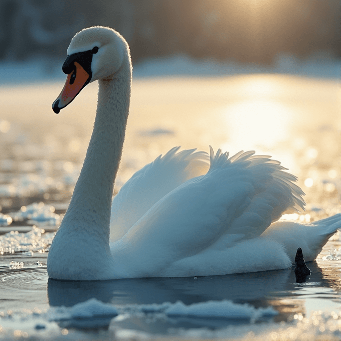 A graceful swan swims on a snowy, icy lake at sunset.