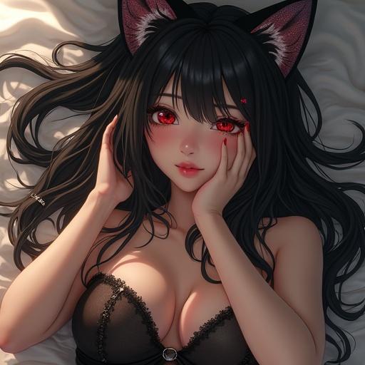 Realistic image of a Japanese woman cosplaying as a black cat. She is lying down, having facial expression. Artistic focus on her playful nature with dynamic composition.