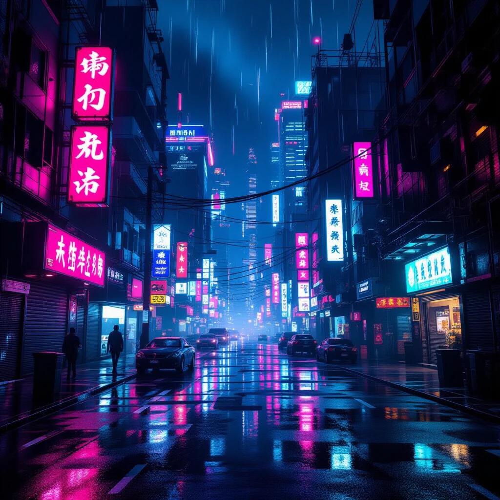A cyberpunk city in decay. Neon signs flicker during heavy rain. Streets shine with reflections. A cinematic atmosphere enhances the scene. Hyper-realistic detail.