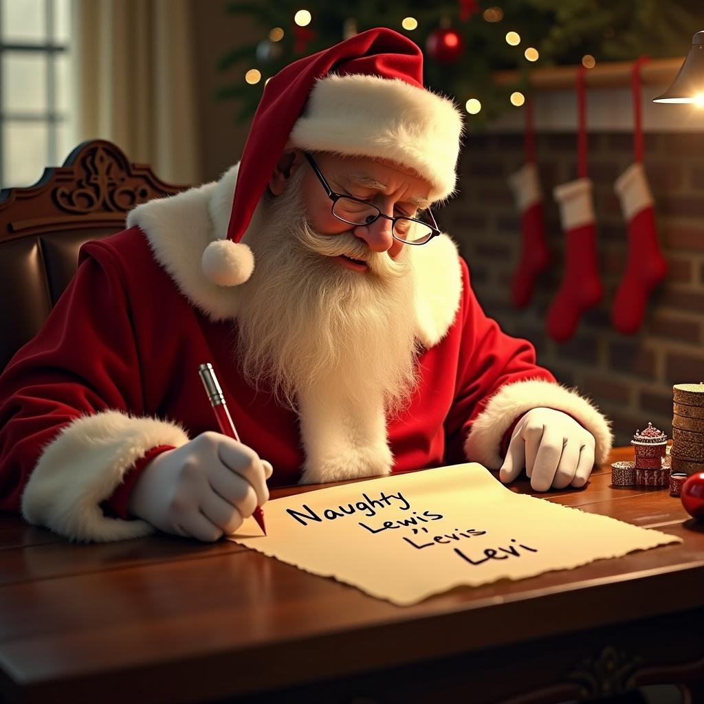 Santa is writing on a parchment labeled Naughty List. The parchment has the names 'Lewis' and 'Levi'. The scene is warm and festive with Christmas decorations in the background.