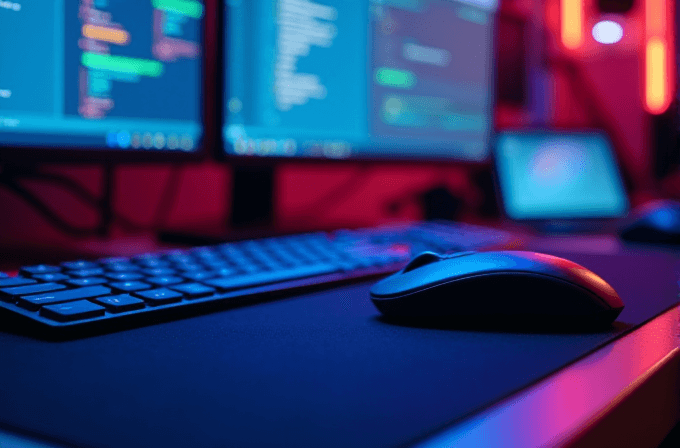 A computer setup with glowing screens, a keyboard, and a mouse in a vibrant, colorful room.