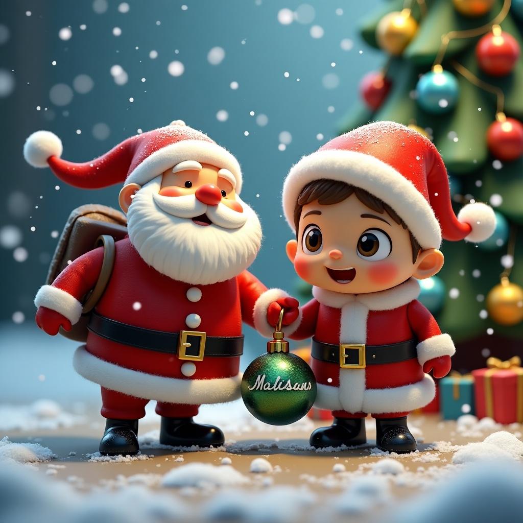 Playful holiday scene with Santa Claus and a happy child. A decorated Christmas tree in the background. Snowflakes gently falling. They hold a Christmas ornament with the name Lucas.