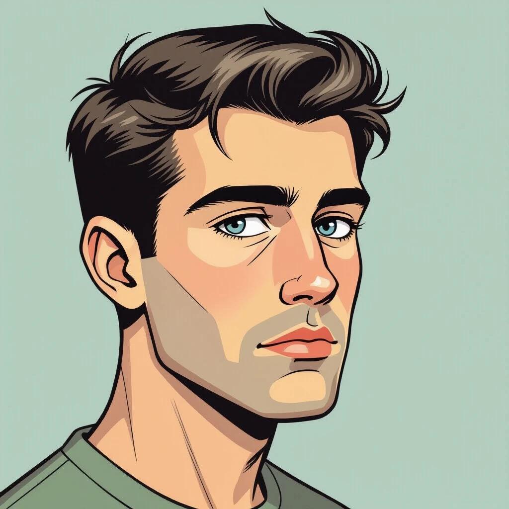 Portrait of a male character aged 33 in semi-profile. Character has steel-gray eyes and dark brown hair styled in a crew cut reminiscent of the late 1950s France. The character possesses a bony face with a prominent chin and wide mouth. Illustration is semi-realistic with bold outlines and realistic colors.