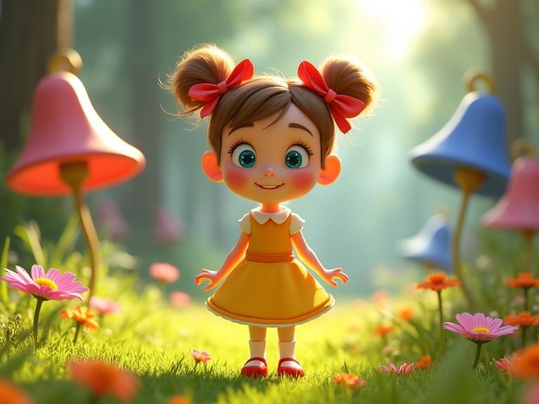 A cheerful fairy tale character stands in a sunny magical forest glade. The character smiles warmly, hands slightly gesturing. Features include slender build, soft rounded face, large blue eyes, light brown hair in pigtails with red ribbons, sunny yellow dress, and red shoes. Surrounded by vibrant grass and colorful wildflowers, with giant bell-shaped flowers in the background. The atmosphere is bright and welcoming with warm morning light.