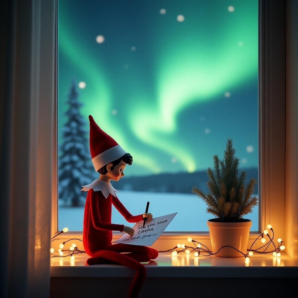 An elf on the shelf sits on a windowsill. Elf is writing a note intently. Outside, northern lights glow in the night sky. Soft fairy lights surround the elf. A potted plant adds to the cozy feel. The note says 'See you soon, Cienna.' The scene embodies holiday spirit.