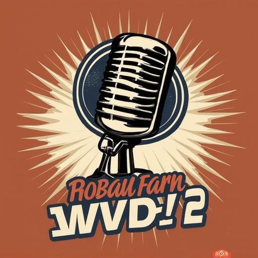 Logo design for a podcast titled RoBaulFarm WWD! 2. Features a vintage microphone at center with radiating elements. Retro and creative style suitable for podcast branding.