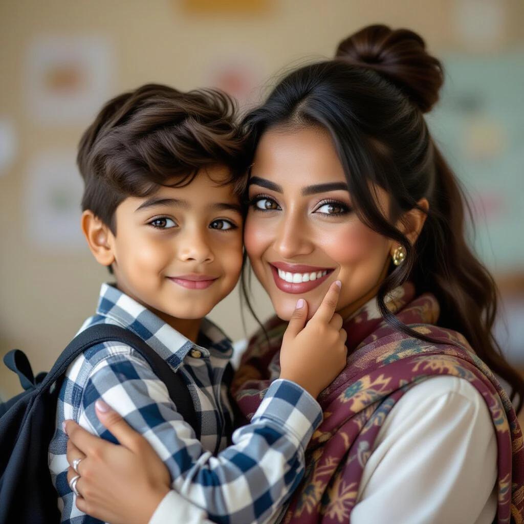 Image of a female teacher and a boy. Teacher has dark brown eyes and thick eyebrows. Black hair in a bun. Smiling at a teenage boy. They are interacting warmly. Teacher wears modern attire.