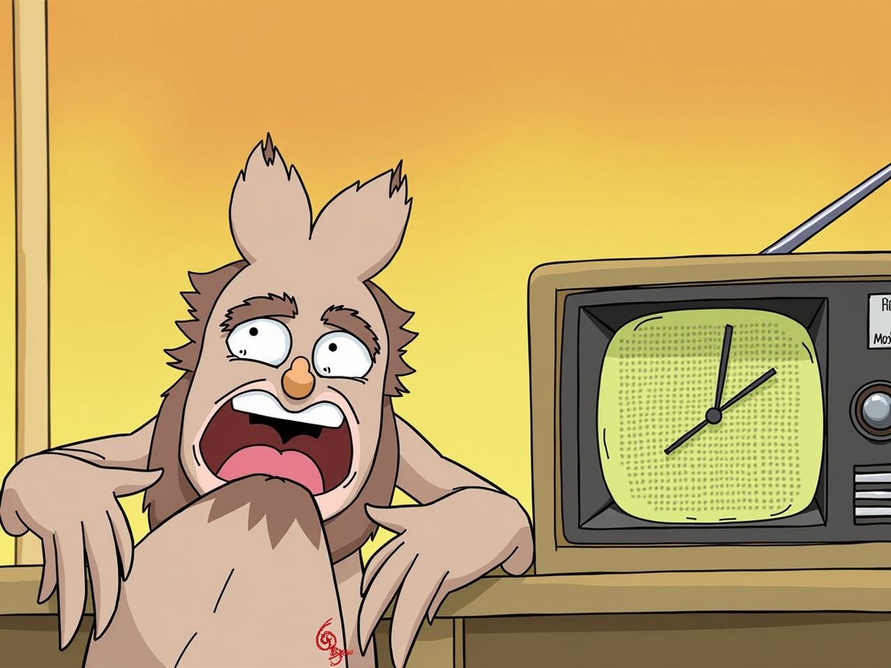 An animated character with a shocked expression is sitting in front of a retro television. The character has a furry body and an exaggerated face that displays surprise. Next to the character, the vintage TV displays a clock showing the time. The background is a warm yellow color, creating a cheerful atmosphere. In the corner, there is a radio channel labeled FM11.21. The style is cartoonish, emphasizing humor and parody. The overall vibe is light-hearted and entertaining, reminiscent of classic animated series.