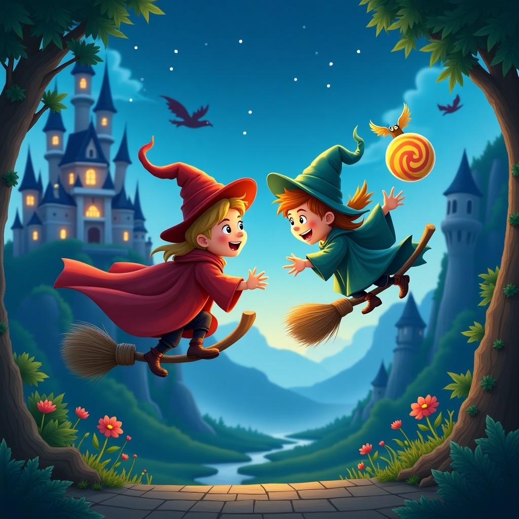 This animated illustration showcases two young wizards joyfully flying on broomsticks. They are playing a fun game above a scenic landscape filled with lush greenery and a distant castle. Surrounding them are colorful magical elements, including a winged ball and vivid birds. The scene is set against a backdrop of misty mountains under a starry night sky, creating a sense of adventure and fantasy. Both wizards are in dynamic poses, casting spells in a lively atmosphere.