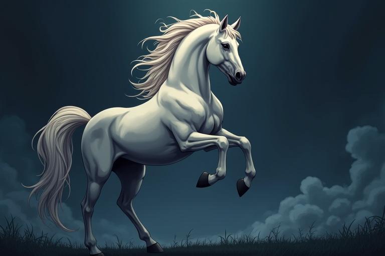 Majestic palomino horse rears against a swirling dark background in anime style. Horse exhibits strength and grace with flowing mane. Dark colors enhance the scene's drama.