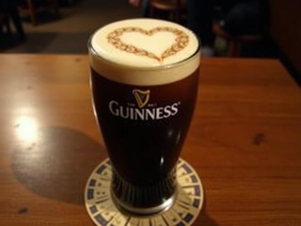 A pint of Guinness beer is sitting on a wooden table. The beer has a creamy white foam top with a heart shape created with patterns in the froth. The glass is dark, showcasing the rich color of the stout beneath the foam. There is a coasters under the glass with small decorative prints around the edge. The background is softly blurred, highlighting the pint and creating a warm and inviting atmosphere.