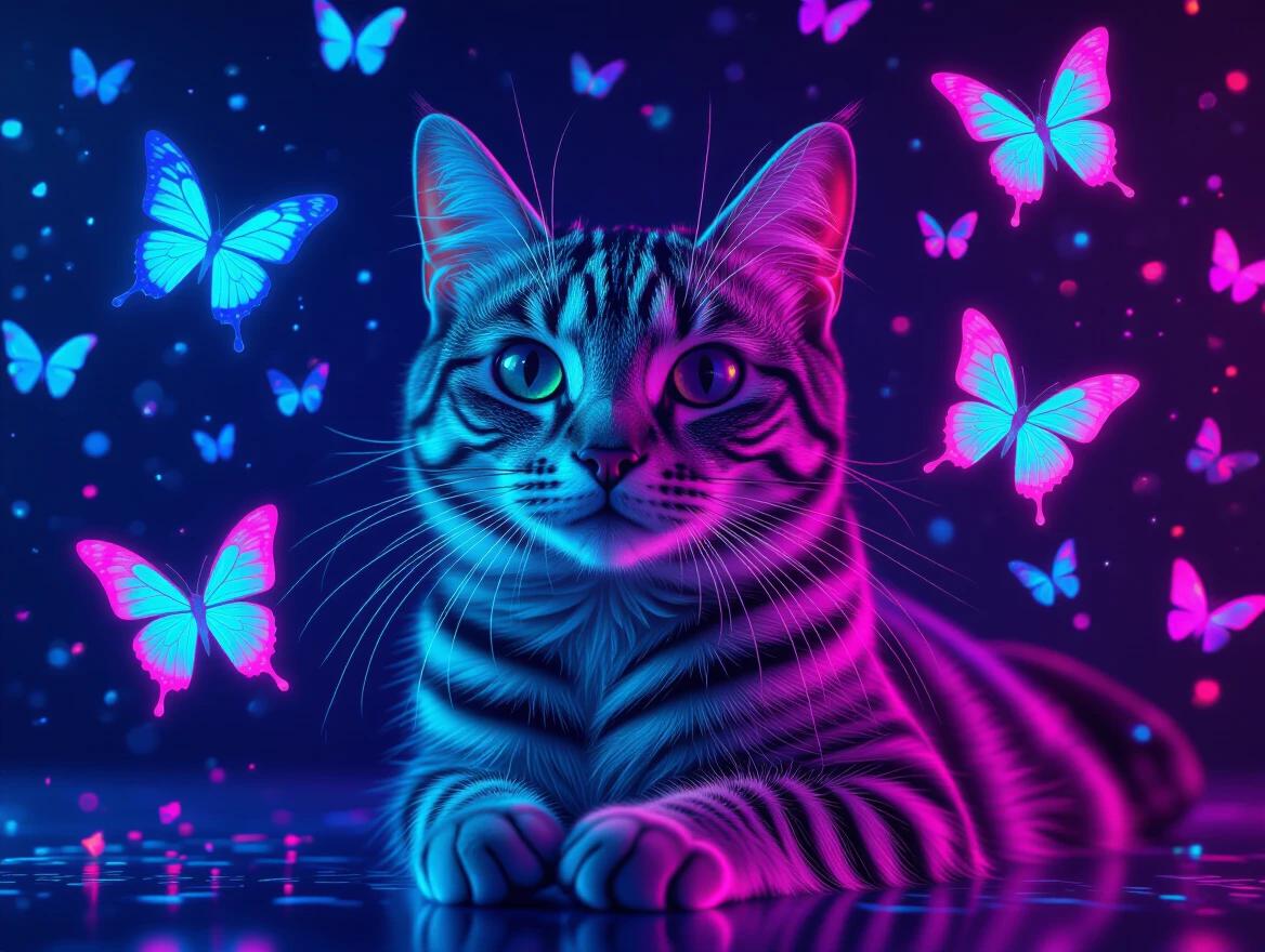Sleek silver tabby cat with vibrant neon highlights. Surrounded by floating holographic butterflies. Set in a futuristic minimalist environment. Electric blue and hot pink lighting throughout. Hyperrealistic digital art style with ethereal effects.