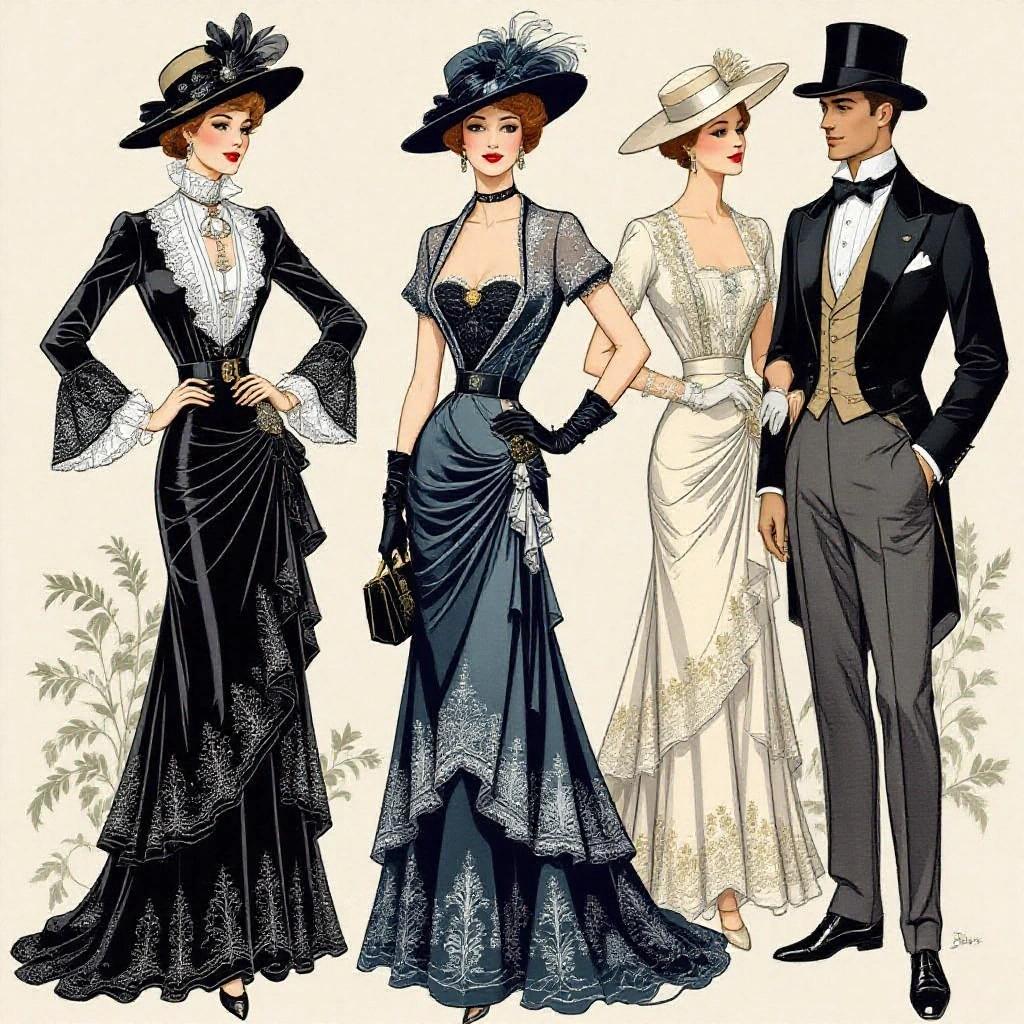 Illustration of Belle Époque fashion. Features sophisticated men's and women's attire from the era. Includes elegant dresses with intricate lace. Stylish hats and embroidered suits. Graceful poses with attention to detail. Captures the spirit of the times.