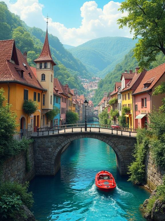 A vibrant street scene with colorful houses along a picturesque canal. A red boat glides under a charming stone bridge in a fantasy town surrounded by lush hills.