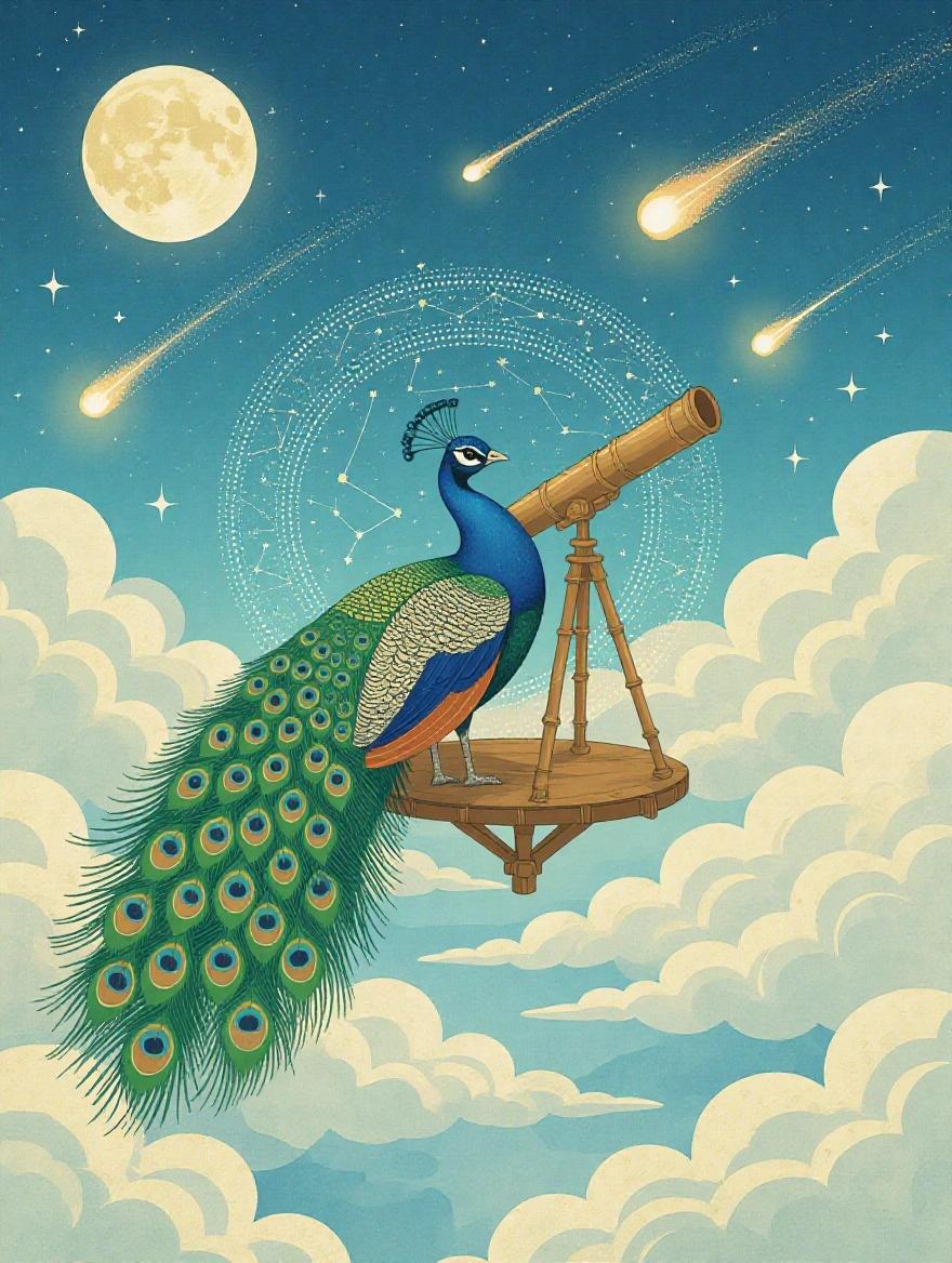 A peacock with feathers mimicking constellations stands by a bamboo telescope in a floating observatory. Its tail reveals a celestial map predicting the future. The sky shows comets and a full moon.