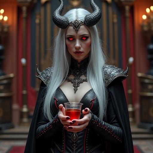 Breathtakingly beautiful demon queen with long silver hair and glowing red eyes in a grand gothic throne room. Holding delicate glass of tea with trembling hands. Nervous expression with faint smile. Eyes upward in shy way. Hunched posture with raised shoulders and blush on cheeks. Wears elegant black and crimson armor with a gothic crown. Magical energy glimmers around her. Hyper-realistic lighting and ultra-detailed features. Scene shows awkward tension of offering a drink.