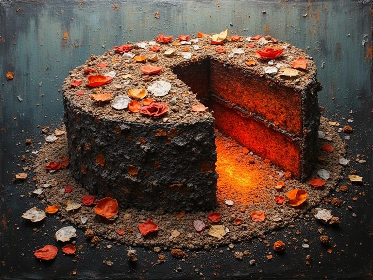 Artistic depiction of a layered lava cake using mixed media. Utilizes materials like newspaper, jute, wood, and organic elements. Emphasis on texture and depth, featuring scratches and tears. Dark color palette with glowing center.