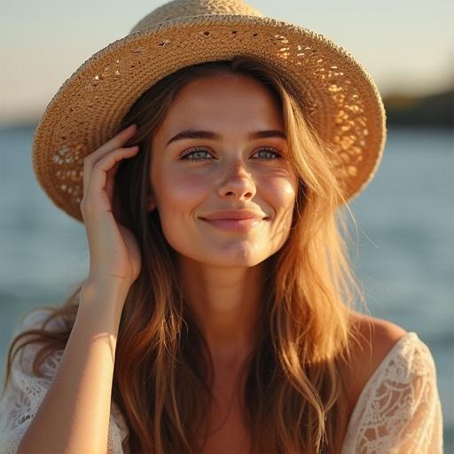 Image of a woman wearing a straw hat with wavy hair. She has a relaxed pose touching her face. The background shows a serene outdoor setting. The atmosphere is warm and inviting. Image showcases a blend of realism and artistic style.