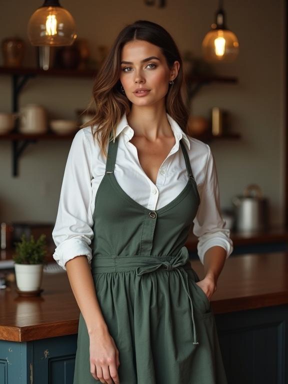 Woman standing in a kitchen wearing a green apron over a white shirt. Her hair is styled elegantly. The kitchen has wooden shelves and a cozy ambiance.
