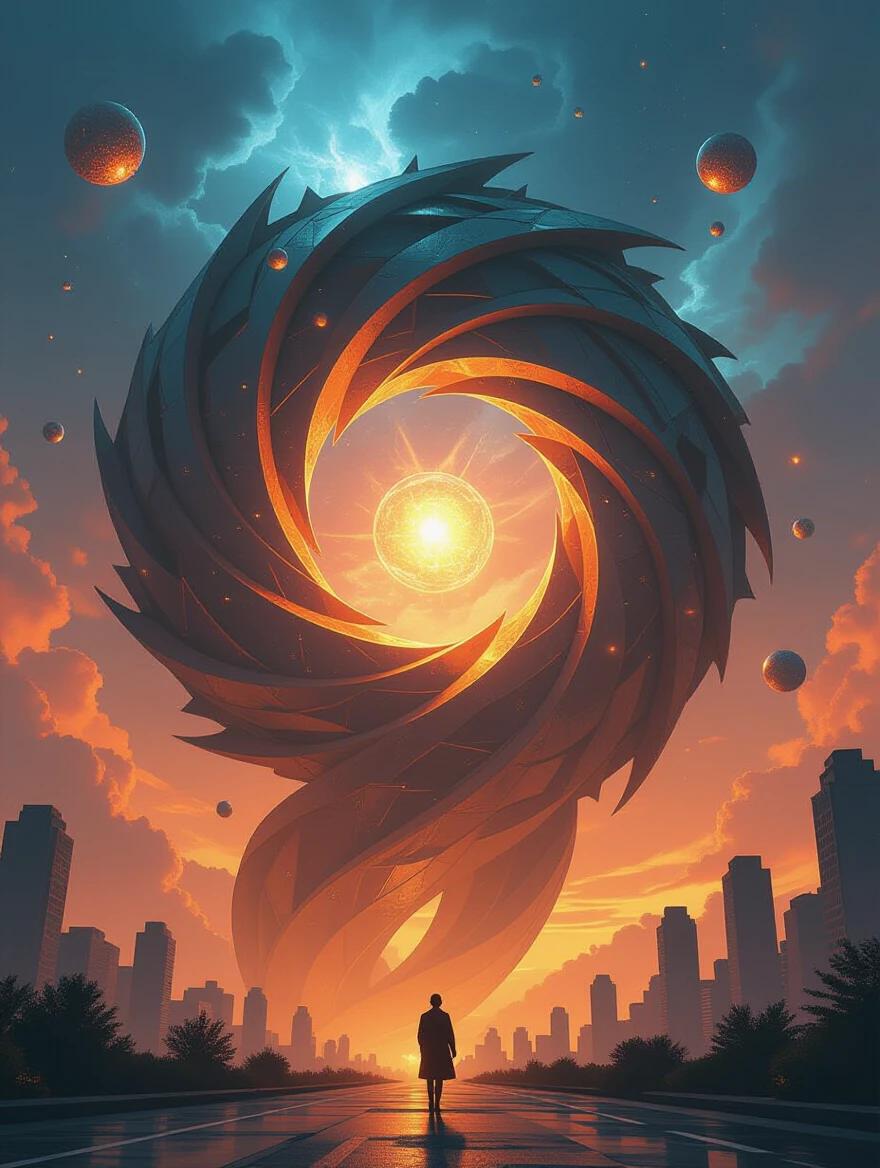 An 8k RAW photo captures a cosmic scene. A massive celestial sculpture intertwines with a colossal otherworldly creature. The scene features glowing luminous spheres. The artwork combines grotesque digital art and surreal architecture. Dark matter energy effects add to the atmosphere. The color palette combines intense orange and azure hues. The composition emphasizes cinematic contrast with an ambient glow.