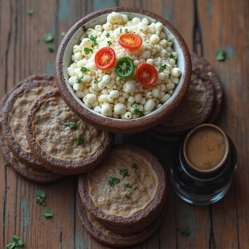 Food photography featuring a bowl of puffed grain salad with cherry tomatoes and green chili on a rustic wooden table. Surrounding plates of dark brown cookies and a glass of dark drink. Natural light enhances the fresh look of the ingredients.