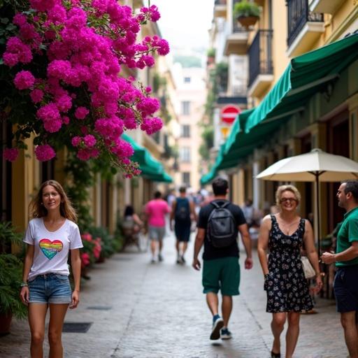 Photograph of a vibrant narrow street in an urban area lined with shops. Bright magenta bougainvillea cascades from the left. Green awnings and colorful signs are visible. People of different ages and ethnicities walk along the cobblestone path. A woman in a white shirt with a rainbow heart graphic and a man in a black shirt with a backpack are featured. A person with a beige umbrella stands near the right. Background includes multi-story buildings with balconies.