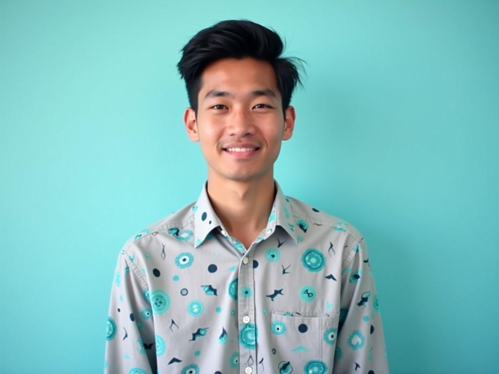 The image features a young man wearing a patterned shirt with various geometric designs in gray and teal colors. He is standing directly in front of a soft blue gradient background, creating a calm and pleasant atmosphere. The man has dark hair styled neatly and is positioned slightly to one side, giving a subtle dynamic to the portrait. He appears confident and approachable, despite his face being blurred for privacy. Overall, the image conveys a sense of style and individuality.