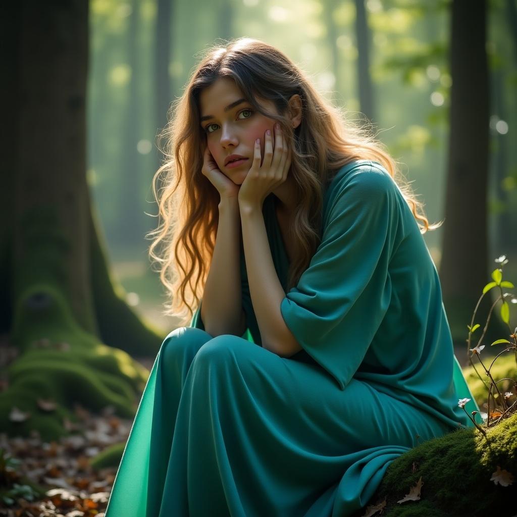 Image of an arcane character seated in a mystical forest. Character wears a turquoise garment. Ethereal appearance with an anxious yet empathetic demeanor. Soft lighting creates a calming atmosphere.