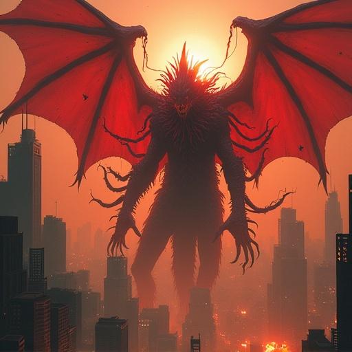 Eldritch dragon with tentacles and multiple eyes destroying a cyberpunk city with flames and chaos. Asymmetrical and menacing appearance, showcasing its four wings and imposing size.