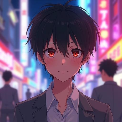 Anime-style male character with short dark hair and striking red eyes. He wears a gray jacket and white shirt. Character is smiling in a vibrant city street with neon lights. The perspective is close-up and facial details are emphasized.