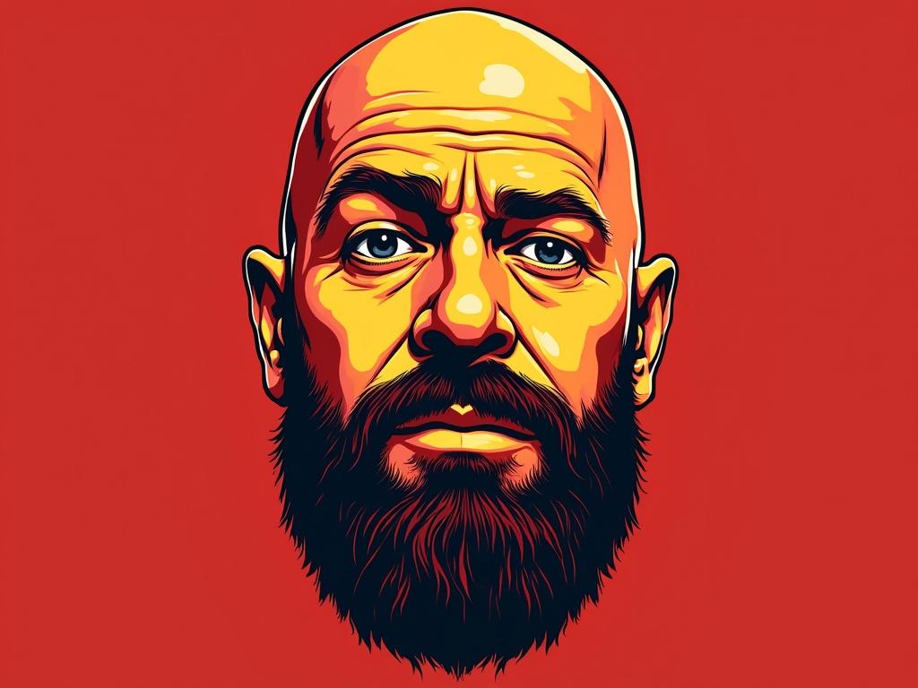 Transform this image inspired by The Joe Rogan Experience podcast logo. Retain the facial structure but eliminate the beard. Use bold red and orange tones to create a vibrant look. The details should be exaggerated and cartoonish, with a high contrast effect and thick black outlines. The facial expression should be intense and slightly exaggerated, incorporating a psychedelic or surreal edge. While enhancing the features, ensure that the overall likeness is maintained to match the distinctive stylized aesthetic.