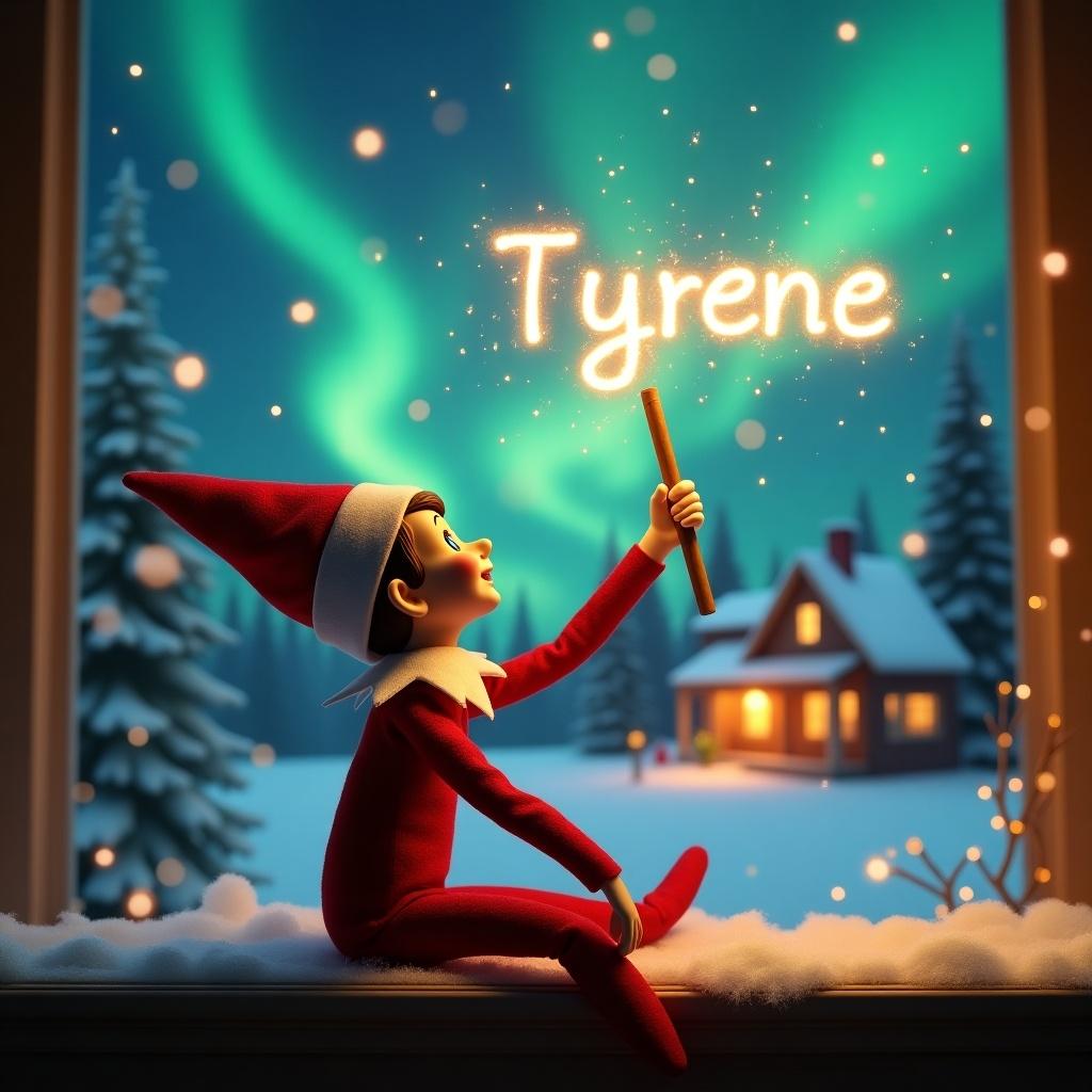 The image depicts a charming Christmas scene featuring a playful elf on the shelf. The elf, dressed in festive red, sits with its back to the viewer, gazing up at the enchanting northern lights. In its hand, it holds a glowing wand that sparkles in the night sky. The background showcases a cozy, holiday-decorated house nestled in the snow. The elf uses the wand to create the name 'Tyrene' in bright, magical light, enhancing the overall sense of wonder. Snow blankets the ground, completing this delightful winter atmosphere.