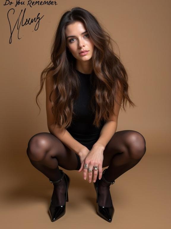 Image features a crouched model with wavy brown hair. Dressed in tight black top and sheer pantyhose. Glossy black high heels are worn. Rings and manicured nails are visible. Neutral brown background used. Text reads, 'DO YOU REMEMBER' and 'THE FIRST TIME YOU TRIED ON PANTYHOSE?'