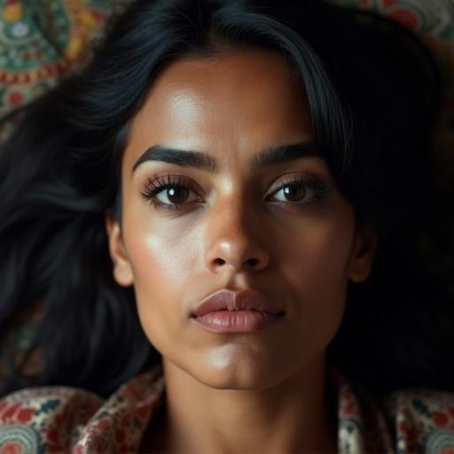 Image of a Scottish-Pakistani woman with dark black hair and dark skin. Features include almond-shaped dark brown eyes, full lips, and thick eyebrows. Facial expression is serious, eyes wide open, mouth closed. Character appears lifeless on the floor.