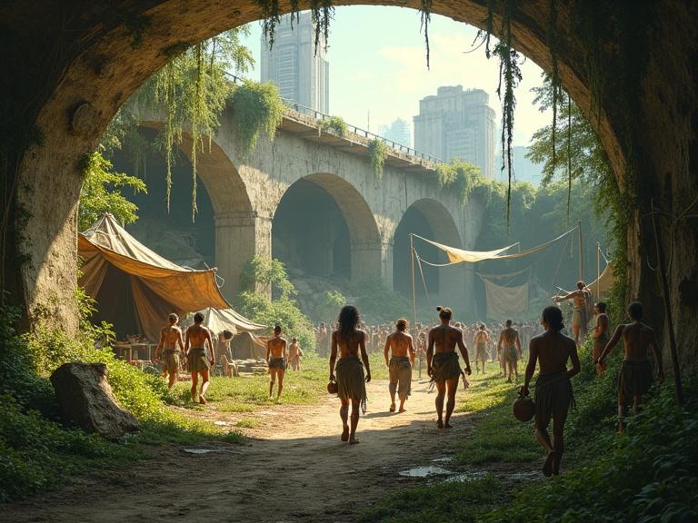 Wide-angle view captures a lively tribal camp in moss-covered ruins of a collapsed city. Broken concrete buildings partially shelter the area. Vines and trees grow amidst cracks and wildflowers surround paths. Mixed urban ancestry people with tribal tattoos navigate the camp. They prepare food, weave fiber, play with carved toys, and train with slings. Handmade shelters from natural materials fill the scene. Golden hour lighting illuminates their active yet peaceful demeanor.
