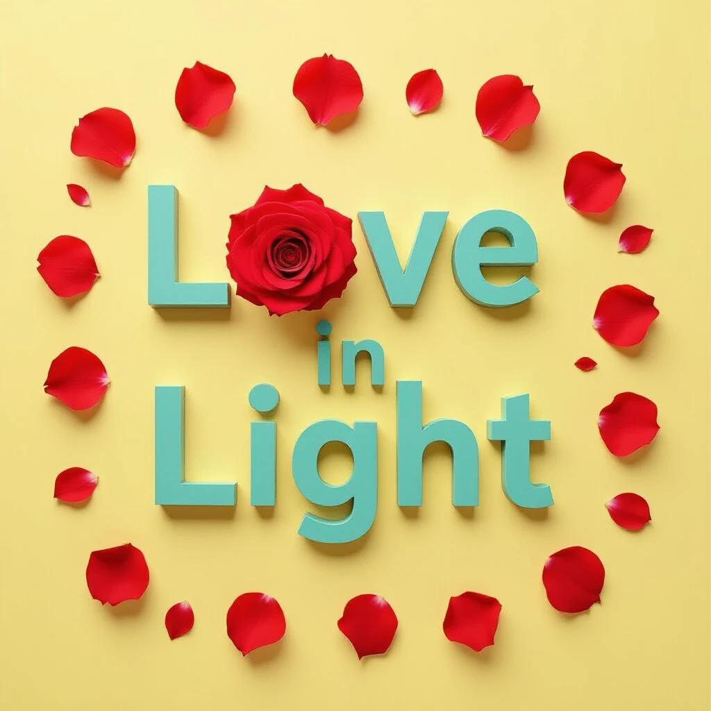 Yellow background with the words Love in Light in blue surrounded by red rose petals with a rose at the center.