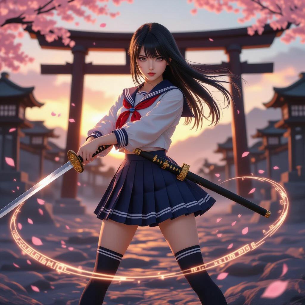 A hyperrealistic Japanese high school girl holds a katana. She wears a detailed sailor uniform. Setting is a mystical battlefield at sunset. Sakura petals float around her. Magical light trails swirl near her feet. Ancient torii gates appear in the background. A gentle breeze moves her long black hair. She has a lifelike facial expression.
