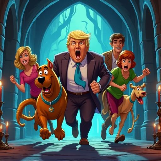 The Mystery Inc. gang runs through a haunted mansion corridor. Scooby and Shaggy lead with scared expressions. Velma, Daphne, and Fred follow closely. A caricatured Donald Trump is unmasked at the center. Gothic architecture, cobwebs, and candles enhance the eerie setting. Lighting is bold and cartoonish.