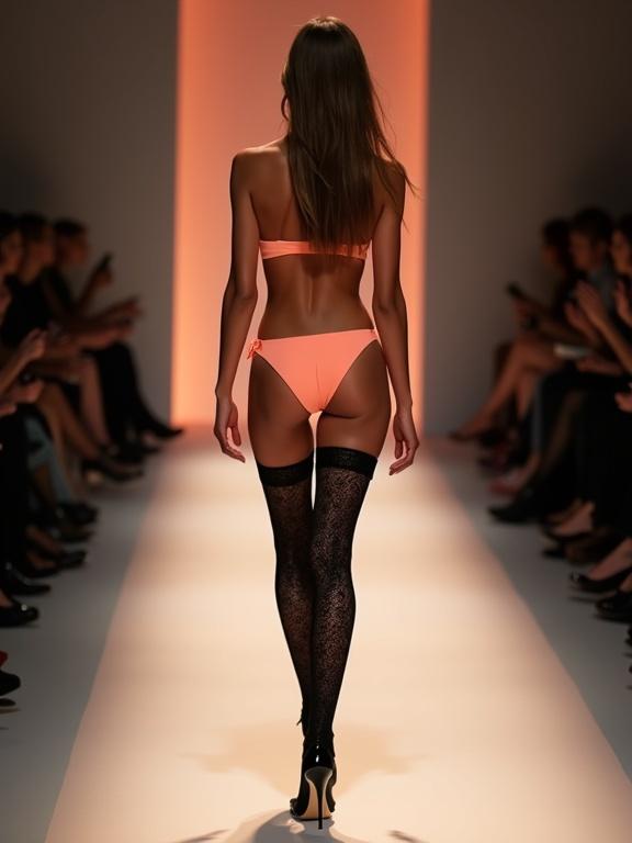 Photo of a slim female model wearing a peach bikini with black lace stockings. She is walking on a fashion catwalk. The model showcases high heels and poses in a confident manner. Background features audience engaged in the runway show.