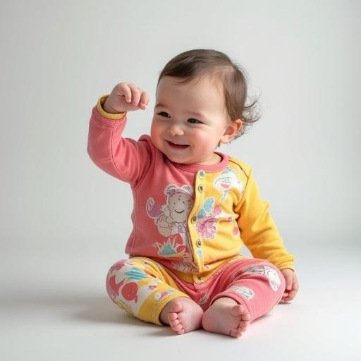 Cute baby in colorful clothes. Sitting on ground. Full frontal view. Winking with right eye. Raising right hand. Smiling gently. Smooth soft lighting. No shadows. High detail. Bright clean background.