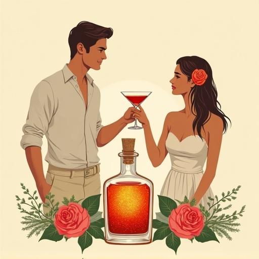 A minimalist screen printing artwork of a couple toasting with cocktails in front of an apothecary bottle. Woman wears a flower in her hair. Bottle glows with a shimmering elixir. Surrounded by roses and herbs. Beige background.