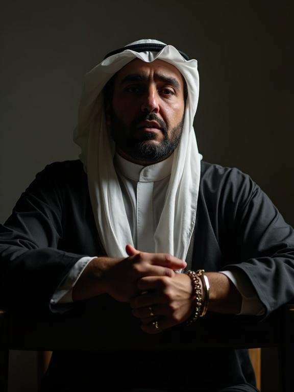 Medium shot of a wealthy Middle-Eastern man wearing traditional Arab dress in an interrogation room. Looks anxious with sweat on forehead. Handcuffed to a chair surrounded by dramatic shadows.